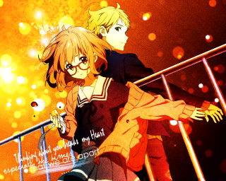 Anime couple balcony yellow red - a yellow background behind them free wallpaper