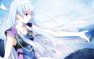 White haired woman blue dress 3 - sots art free wallpaper