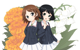 Anime girls flowers bouquet standing - two anime girl free wallpaper
