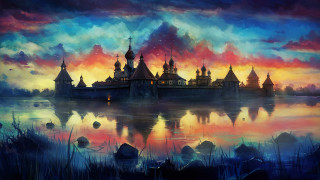 Castle lake sunset clouds people - a few person free wallpaper