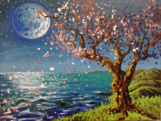 Tree moon water full moon - impressionist free wallpaper