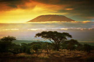 Mountain clouds trees sunset landscape - the foreground and a sunset in the background free wallpaper