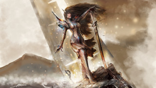 Woman sword spear rock sky - aleksi briclot free wallpaper