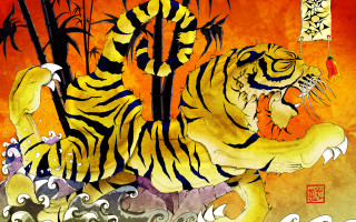 Tiger dragon red background painting - fantasy art free wallpaper