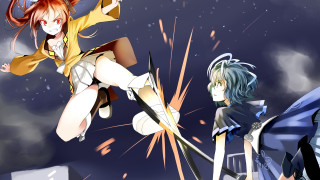 Anime characters flying swords building - free new year wallpaper for desktop