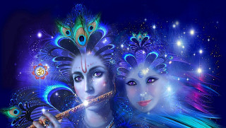 Women peacock feathers flute painting 4 - ella guru free wallpaper