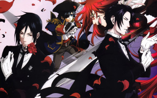 Anime characters group red background 4 - gothic free wallpaper for desktop