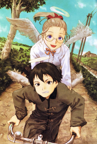 Anime couple bike flying wings - cloud and a tree free wallpaper