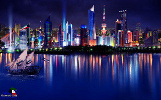 Boat sailing city night lights - the water near a city free wallpaper