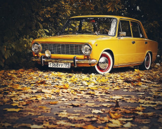Yellow car parked leaves trees - andrey ryabovichev free wallpaper