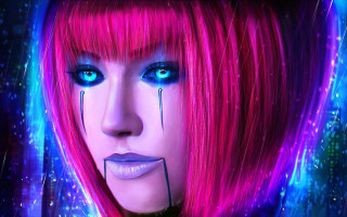 Woman pink hair blue eyes - her cheek free wallpaper