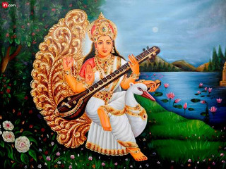 Woman playing guitar field flowers - a lake in the background free wallpaper
