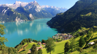 Lake mountains village scenery nature - a mountain range in the background free wallpaper