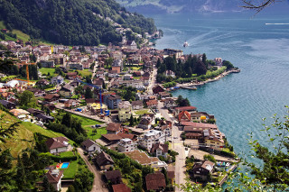 Village lake mountains trees nature - a village free wallpaper