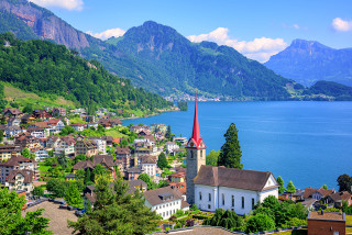 Small town church lake mountains - a church free wallpaper