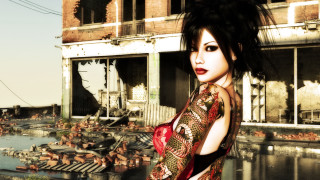 Woman red dress building debris - debris free wallpaper