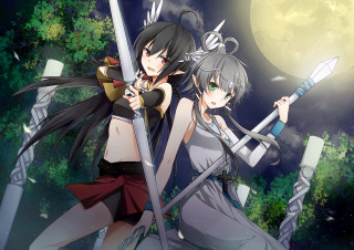 Anime girls swords full moon - a full moon and trees free wallpaper