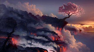 Tree mountain lava sunset dawn - matte fantasy painting free wallpaper
