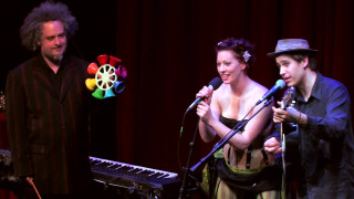 Man woman singing microphones keyboard - free happy birthday wallpaper