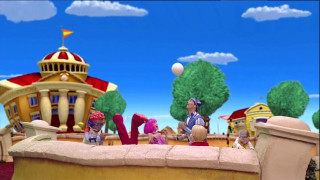 Cartoon group people bench building - a ball in the air free wallpaper