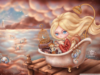 Blonde girl bathtub bird cage - pop surrealism free wallpaper