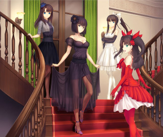 Three women dresses stairs red - three woman free wallpaper
