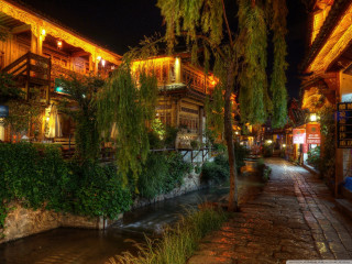 Street river night building trees - an zhengwen free wallpaper