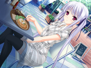 Woman sitting table plate food 3 - aguri uchida free wallpaper
