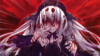Woman white hair blood face 2 - a red background free wallpaper