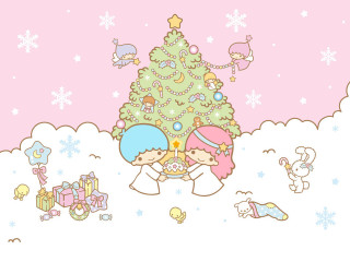 Cartoon girls christmas tree presents - cheerful free wallpaper