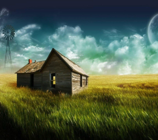 House field windmill clouds sun - matte painting free wallpaper