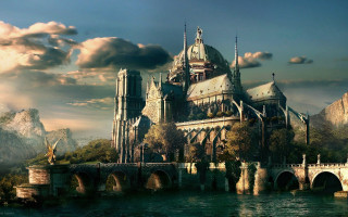 Castle bridge mountain clouds scenery 2 - christophe vacher free wallpaper