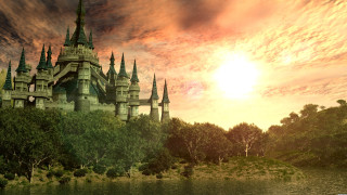 Castle lake sunset clouds sky - matte fantasy painting free wallpaper