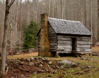Log cabin woods stone chimney - elinor proby adams free wallpaper