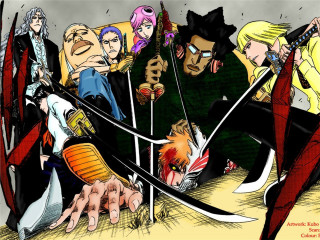 Cartoon group people swords hands - a demon in the background free wallpaper