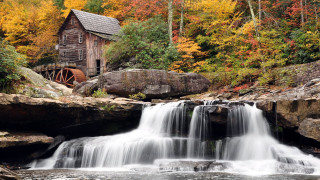 Waterfall wooden building fall foliage - waterfall free wallpaper