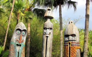 Wooden carved faces forest palm - a forest setting free wallpaper