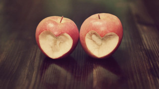 Two apples heart cut wooden - a table top free wallpaper