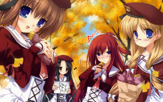 Anime girls tree sign leaves - one girl holding free wallpaper