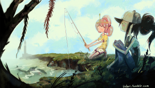 Couple hill tree river fishing - a fishing rod free wallpaper