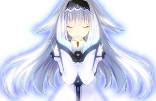 Anime girl white hair blue 2 - a black shirt free wallpaper