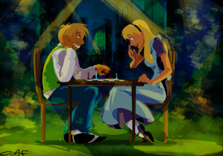 Man woman chess game park - magic realism free wallpaper for desktop