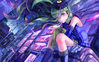 Girl blue dress sitting shelf - scifi free wallpaper