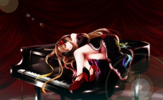 Woman laying piano long hair - anime art free wallpaper