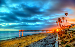 Beach pier palm trees sunset 3 - cloudy free wallpaper
