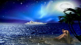 Woman beach ocean blue sky - a boat in the background free wallpaper