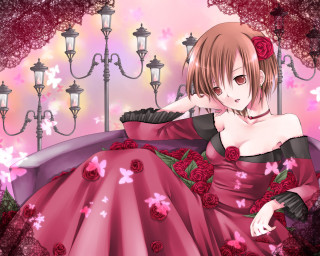 Woman pink dress bench lamppost - a pink rose free wallpaper