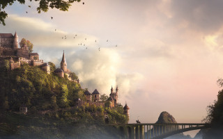 Castle hill bridge birds flying - matte fantasy painting free wallpaper