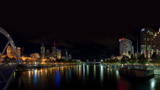 Boat docked river city night - a matte painting free wallpaper for desktop