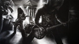 Man playing guitar skeleton woman - a skull free wallpaper